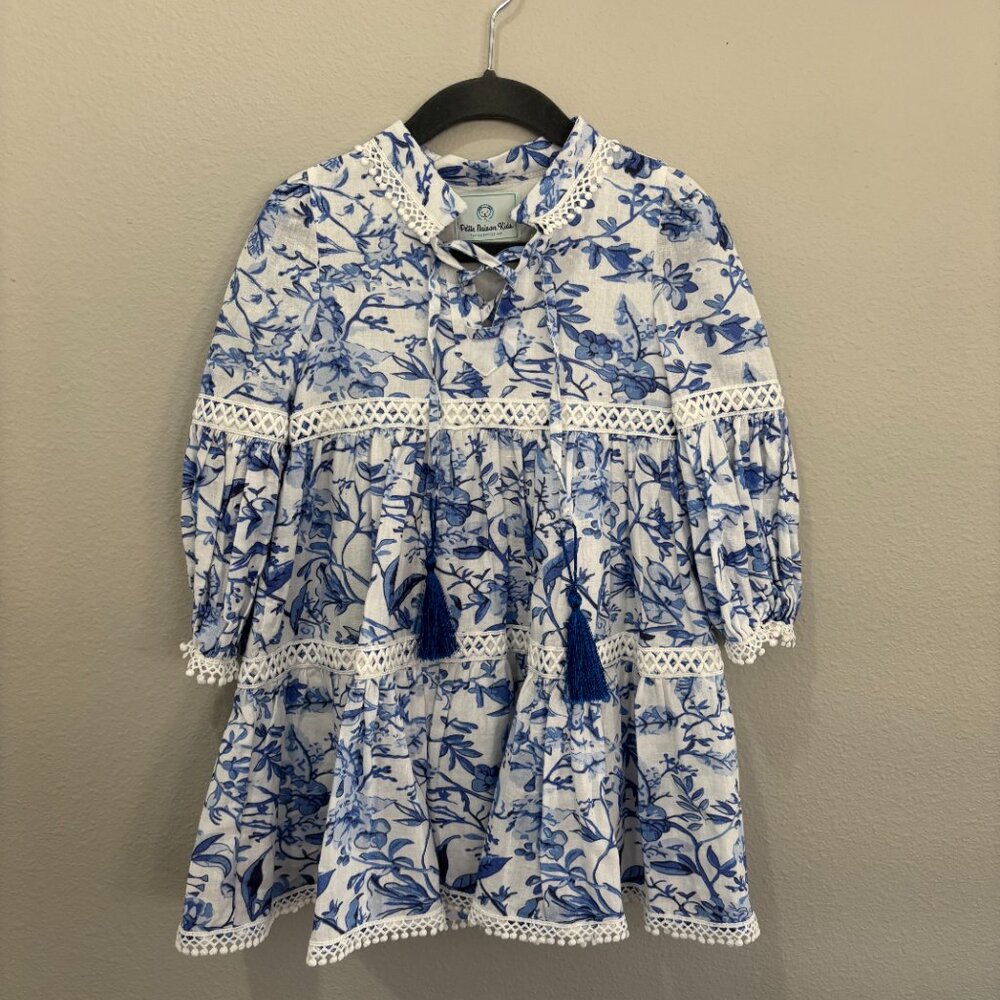 Petite Maison Kids blue and white floral long sleeve dress, tassel tie in front